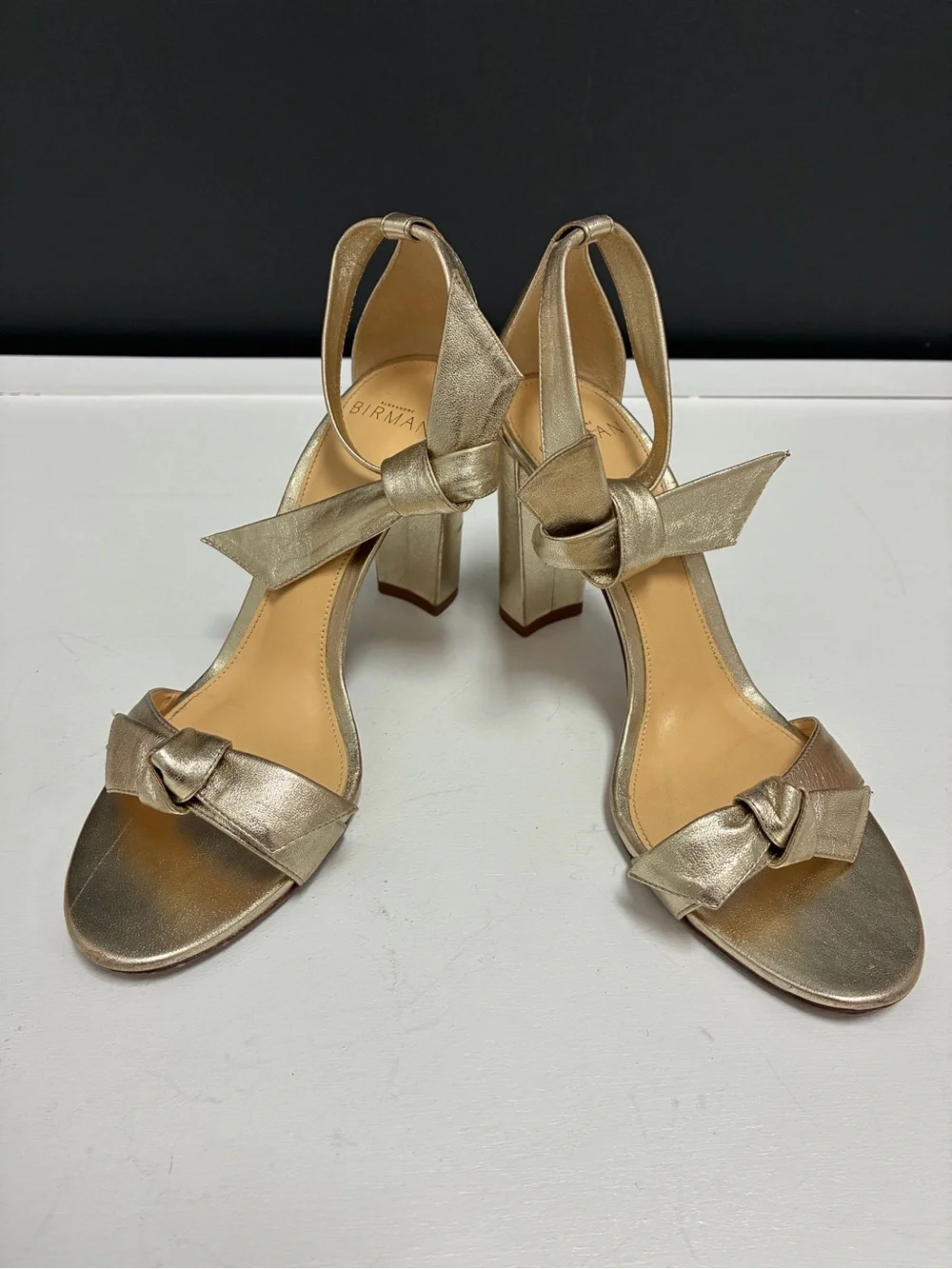 Alexandre Birman Metallic Gold Knot Block-Heel Sandals